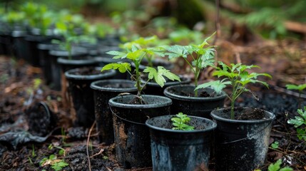 Black plastic pots collected for recycling after planting young plants in forest