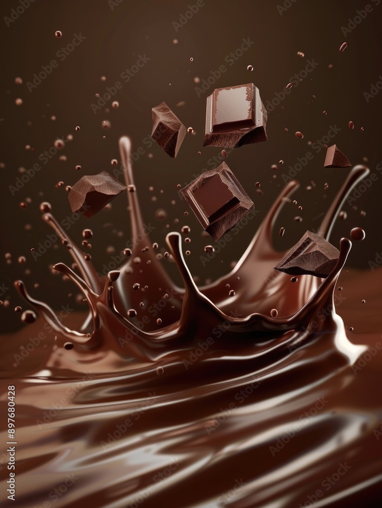 Poster chocolate drops falling into milk, creating a splash and frothy texture.
