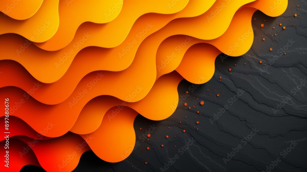 Poster vibrant, overlapping orange layers on contrasting dark background, creating a striking abstract visu