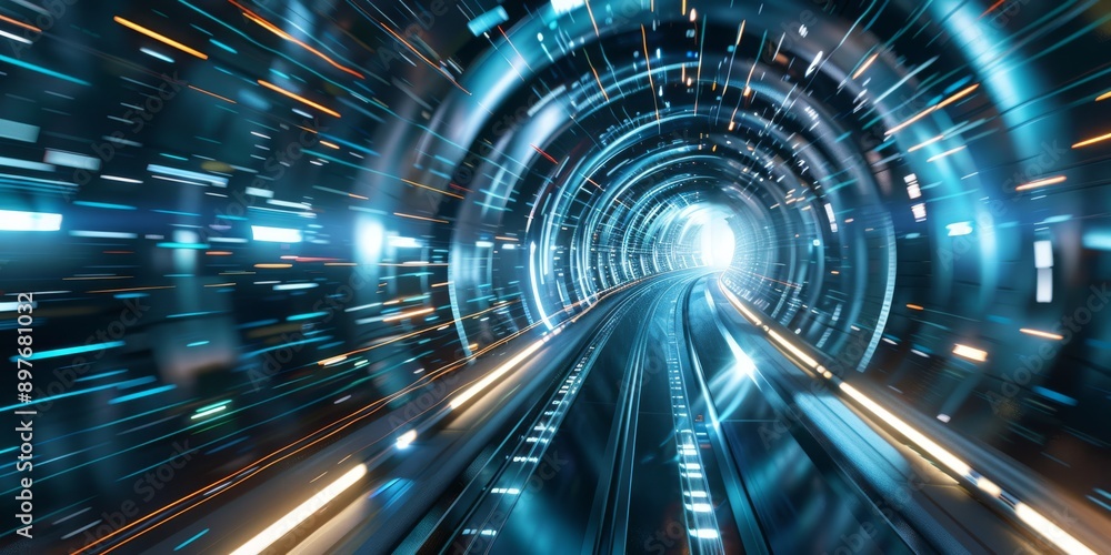 Poster dynamic view of a high-speed futuristic tunnel with vibrant light trails and advanced technology amb