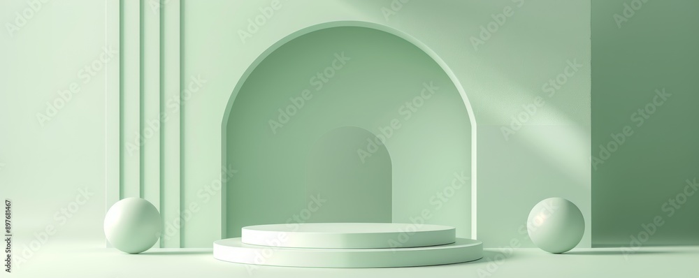 Poster minimalist architectural design with arched shapes and geometric forms in soft green hues