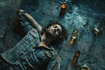 Man lying on the floor of a pub with beer bottles and glasses around him, suggesting overconsumption of alcohol.