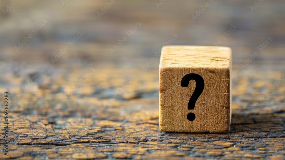 Poster wooden block with question mark on table background faq answer
