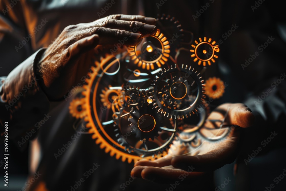 Poster gears held in a hand with focus on the mechanical complexity.