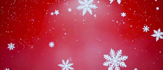 Snowflakes falling on Christmas red background. White confetti snowflakes and bokeh lights on the Red loop 4k 3D background. 2025 New year, merry Christmas, Holiday, winter, New Year, snowflake, snow,