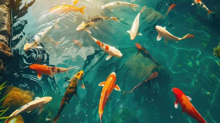 A group of koi carp swimming in a pond, basking under the sunlight. The water is clear and allows for an underwater view of these colorful fish.