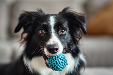 Dog With Toy In Mouth. Indoor Portrait of Cute Border Collie Playing with Ball at Home