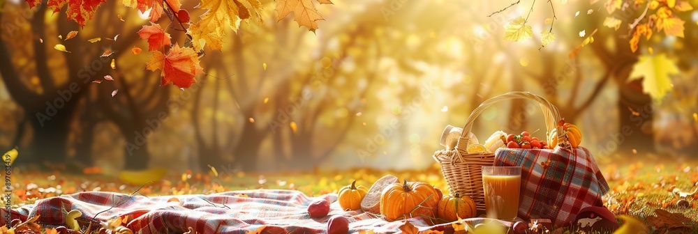 Poster a picnic basket filled with food and drinks sits on a blanket spread out on the ground under trees w