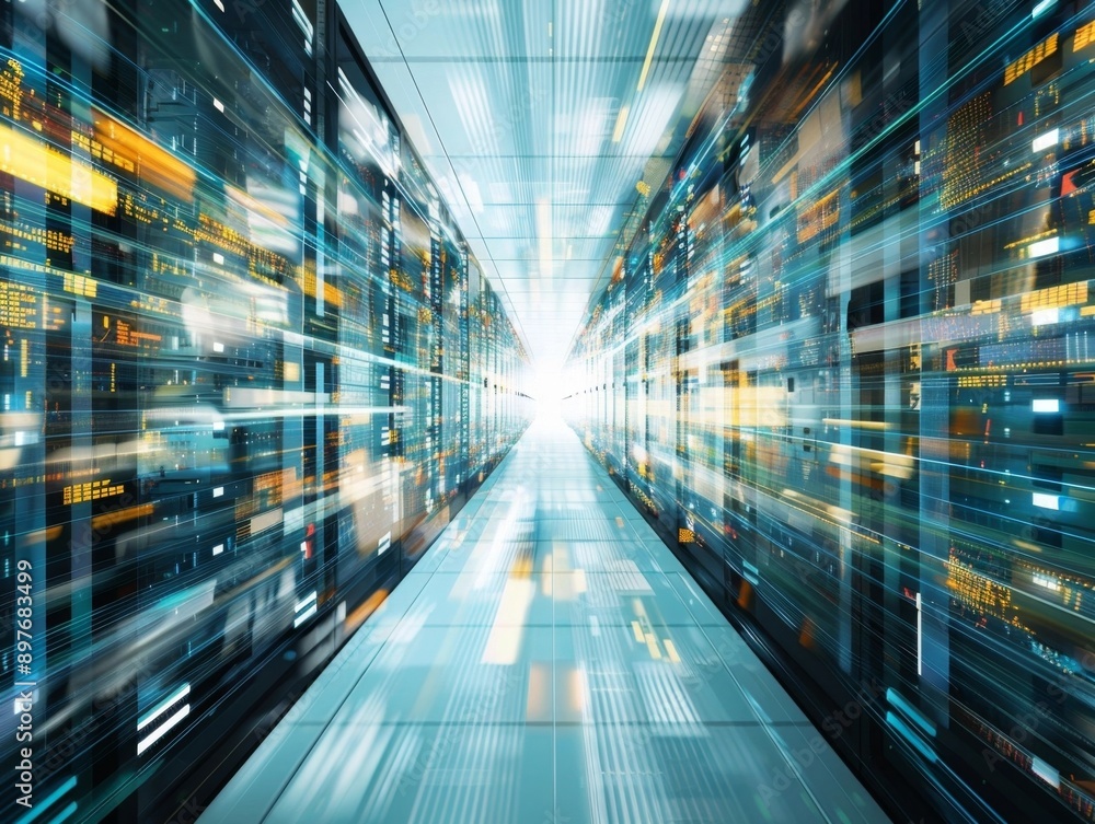 Aufkleber big data flowing through servers in data center corridor