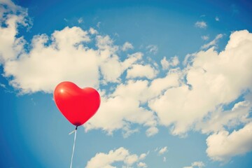 A red heart-shaped hot air balloon floating above a cloudy sky, symbolizing love and celebrations.