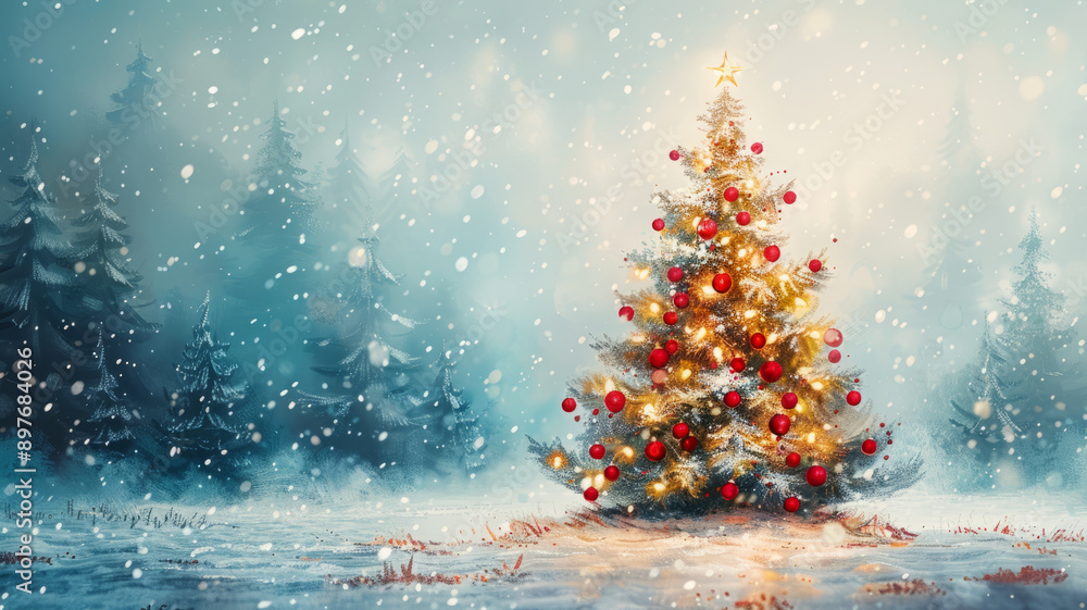 Fototapete create a drwaing of a christmas tree with presend, generative ai