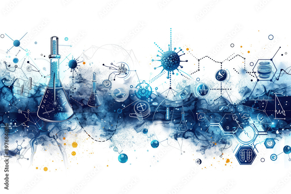 Poster scientific background with various attributes from the field of science, flasks, viruses