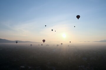 Hot Air Balloons Soaring Over Teotihuacan at Sunrise, Mexico City Landscape