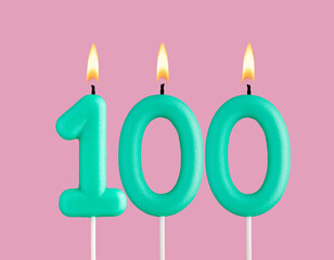 Birthday card with green number 100 candle - Pastel pink background