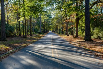 Naklejka premium Georgia Highway. Robert E Lee Boulevard with Long Shadows of Trees in Stone Mountain Park during Sunny Autumn Day
