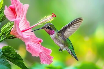 Naklejka premium Macro Hummingbird Feeding on Hibiscus Flower in Wild Nature Landscape