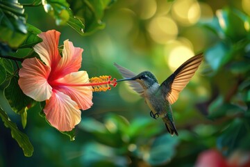 Fototapeta premium Macro Hummingbird. Capturing the Elegance of a Hummingbird Feeding on a Hibiscus Flower in the Wild