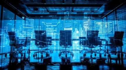 Modern conference room overlaying 3d city model with data connection