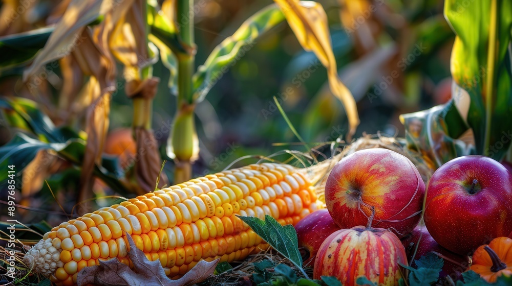 Poster a close-up of a golden corn cob and red apples resting on the ground in a field of corn, surrounded 