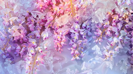 Aerial view of lilac wisteria flowers with white lace perfect for special occasions captured in natural light and enhanced with rainbow color filter