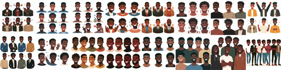 vector set of African-American men avatars with happy expressions