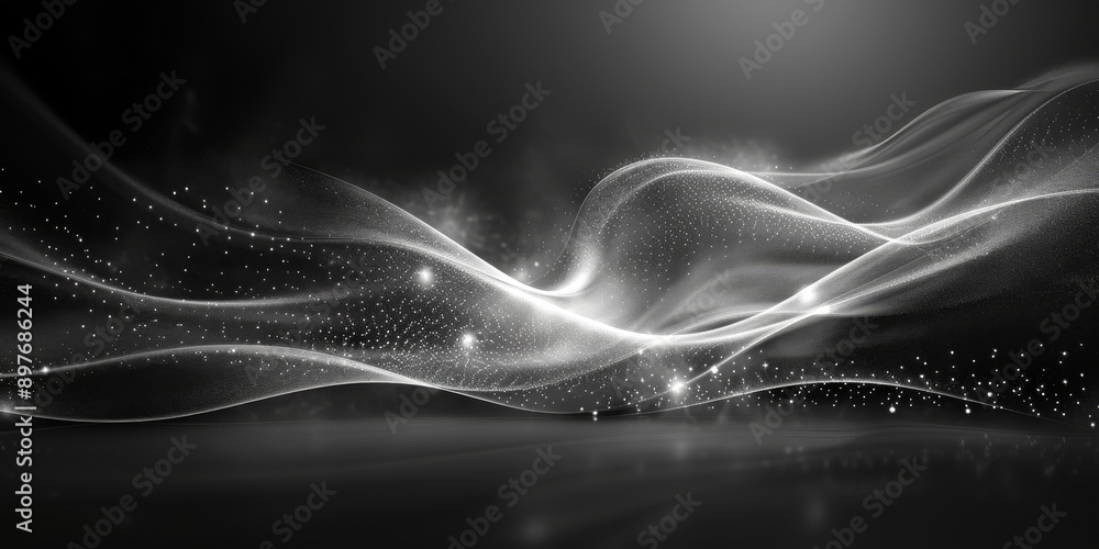Poster An elegant modern black background crafted with dynamic abstract white waves and sparkling particles