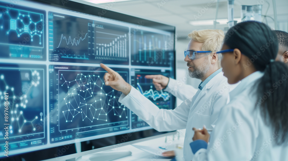 Poster a team of diverse scientists analyzing complex data on a large digital screen in a modern lab. the s