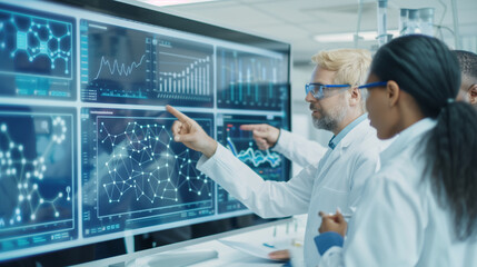 a team of diverse scientists analyzing complex data on a large digital screen in a modern lab. The screen displays intricate graphs, charts, and molecular structures. The group is