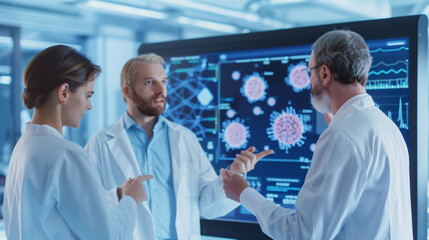 Fototapeta premium a team of medical researchers discussing their findings in a high-tech research facility. The large digital screen displays detailed images of cells, DNA sequences, and medical dat