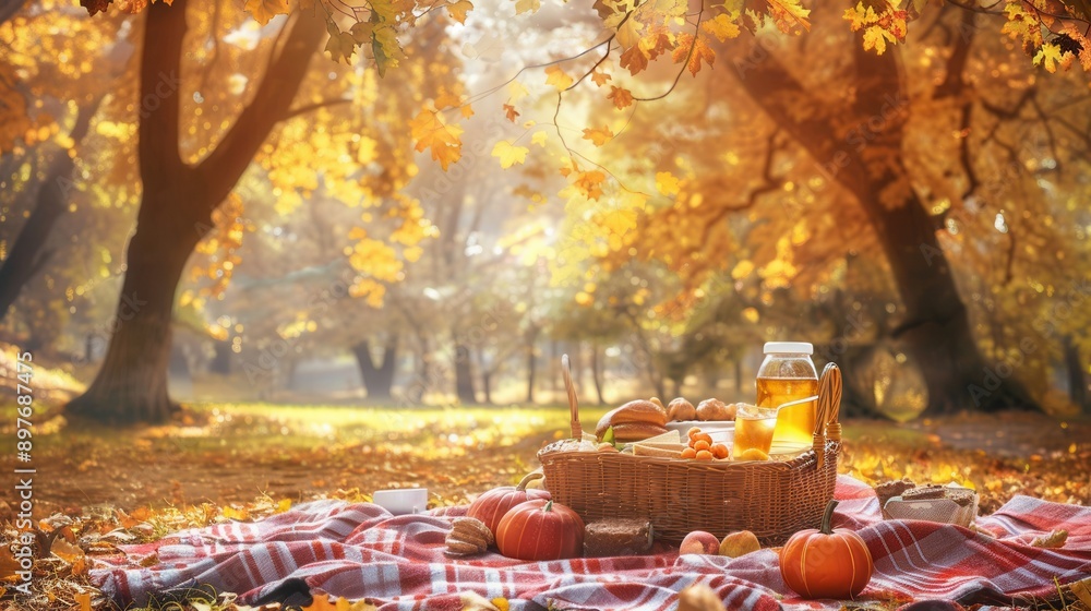 Poster a basket filled with food and drinks sits on a red and white checkered blanket in a forest setting. 