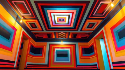 A ceiling featuring bold geometric patterns and vibrant colors