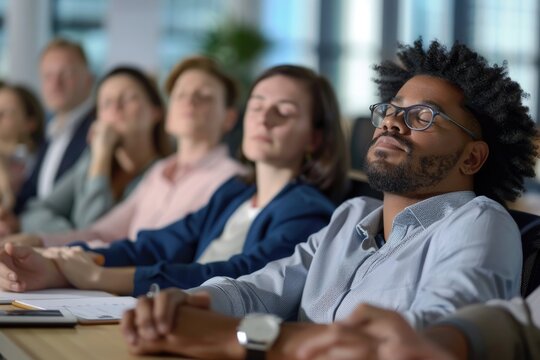 Asleep Meeting. Bored Colleagues at Diverse Company Workshop Struggling to Pay Attention