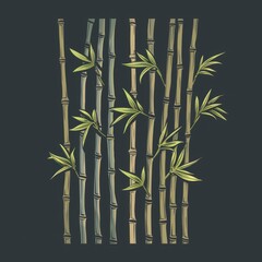 Bamboo Sketch. Simple Cartoon Drawing of Bamboo Stems on Dark Background