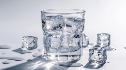 Glass of water with ice cubes on white backdrop
