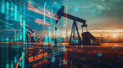 An oil pump in a field silhouetted against a sunset sky with digital financial graphs overlaid.