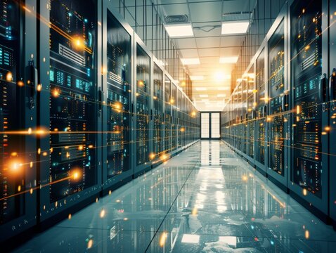 Data center server room flashing lights showing digital information flowing