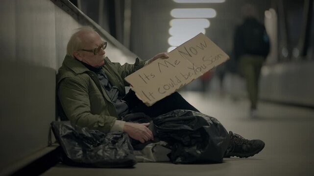 A homeless man seeks refuge in a dark urban tunnel, holding a sign in desperation