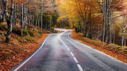 Fototapeta premium Paved road is winding through a forest displaying vibrant fall foliage