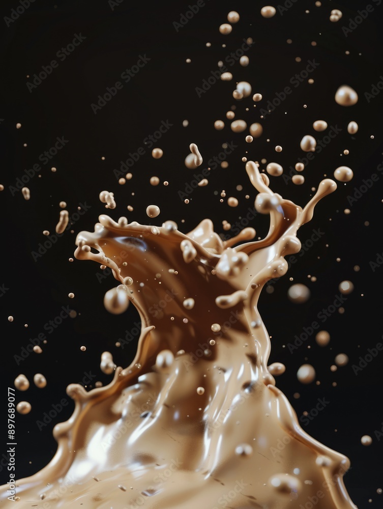 Poster chocolate texture with splashing droplets in motion.