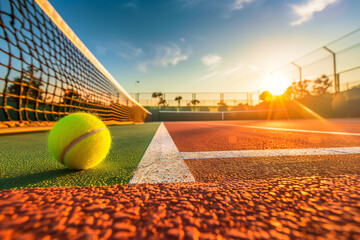 Serene outdoor tennis court at sunset, featuring an empty playing field with a green tennis ball resting on the white lines. The warm glow of the setting sun casts long shadows acr