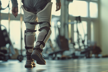 Obraz premium A man walking with advanced leg braces in a modern rehab facility, Close-up of a person using leg braces in a rehabilitation center, showcasing modern technology and physical recovery