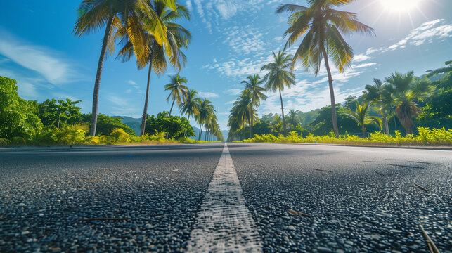 Low angle shot of an asphalt roadway among spreading palm trees, lit by the sun. A summer trip in a tropical paradise, with blue skies and empty streets. - Powered by Adobe