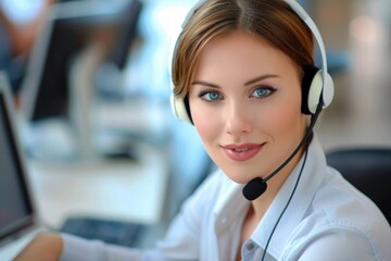 Helpdesk Contact Us. Friendly Business Woman in Call Center Communication