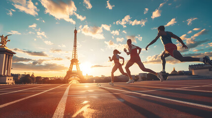 Track and Field Relay with Paris Landmarks: Athletes in a relay race with the baton handoff taking place in front of various Paris landmarks, including the Eiffel Tower.


