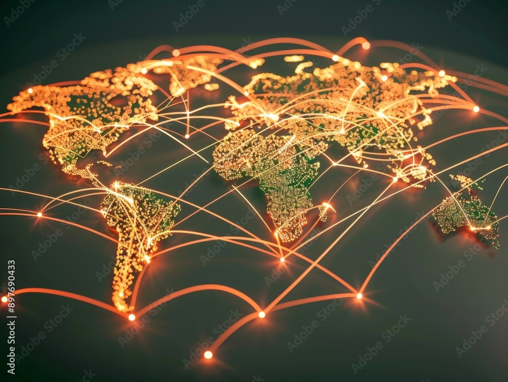 Poster world map showing global connections with glowing lines