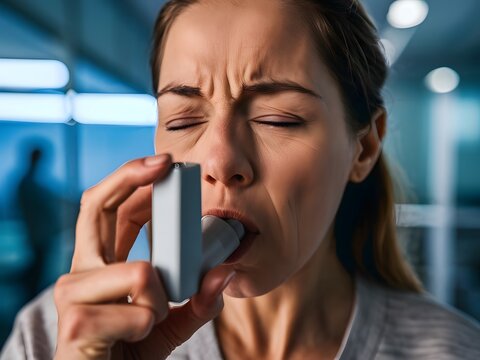 Una mujer que usa un inhalador para el asma en el interior

