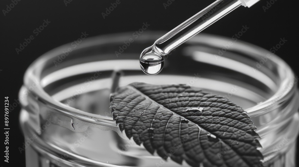 Poster this is an image of a water droplet on a leaf, captured through a microscope. the focus is on the in