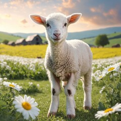 Obraz premium White sheep on green grass floral meadow