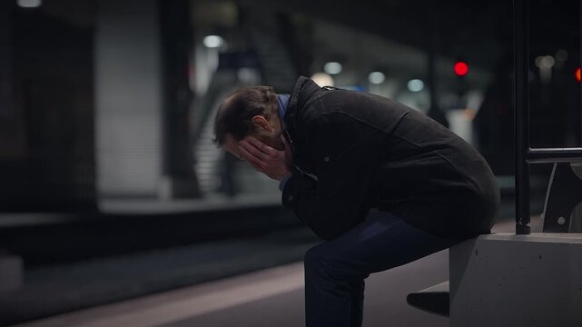 A man is seated alone feeling despair and loneliness at night in an urban setting