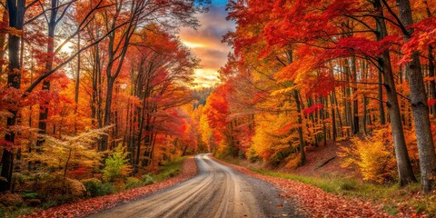 Autumn Road Through a Forest of Red, Orange, and Yellow Leaves, landscape, autumn, nature, fall foliage